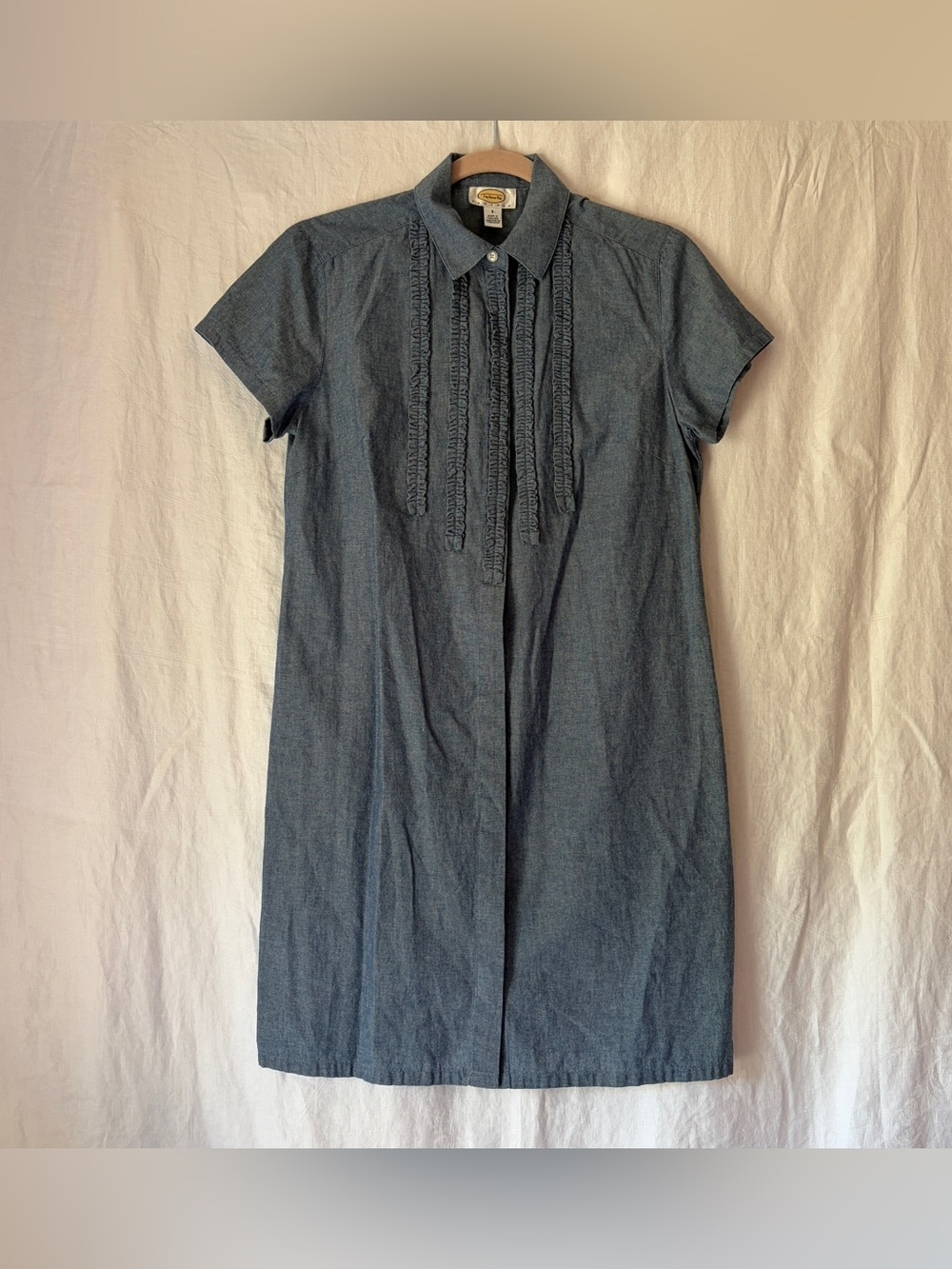 Talbots Chambray Ruffle Tuxedo Shirt Dress Blue Size 8 Petite 8P